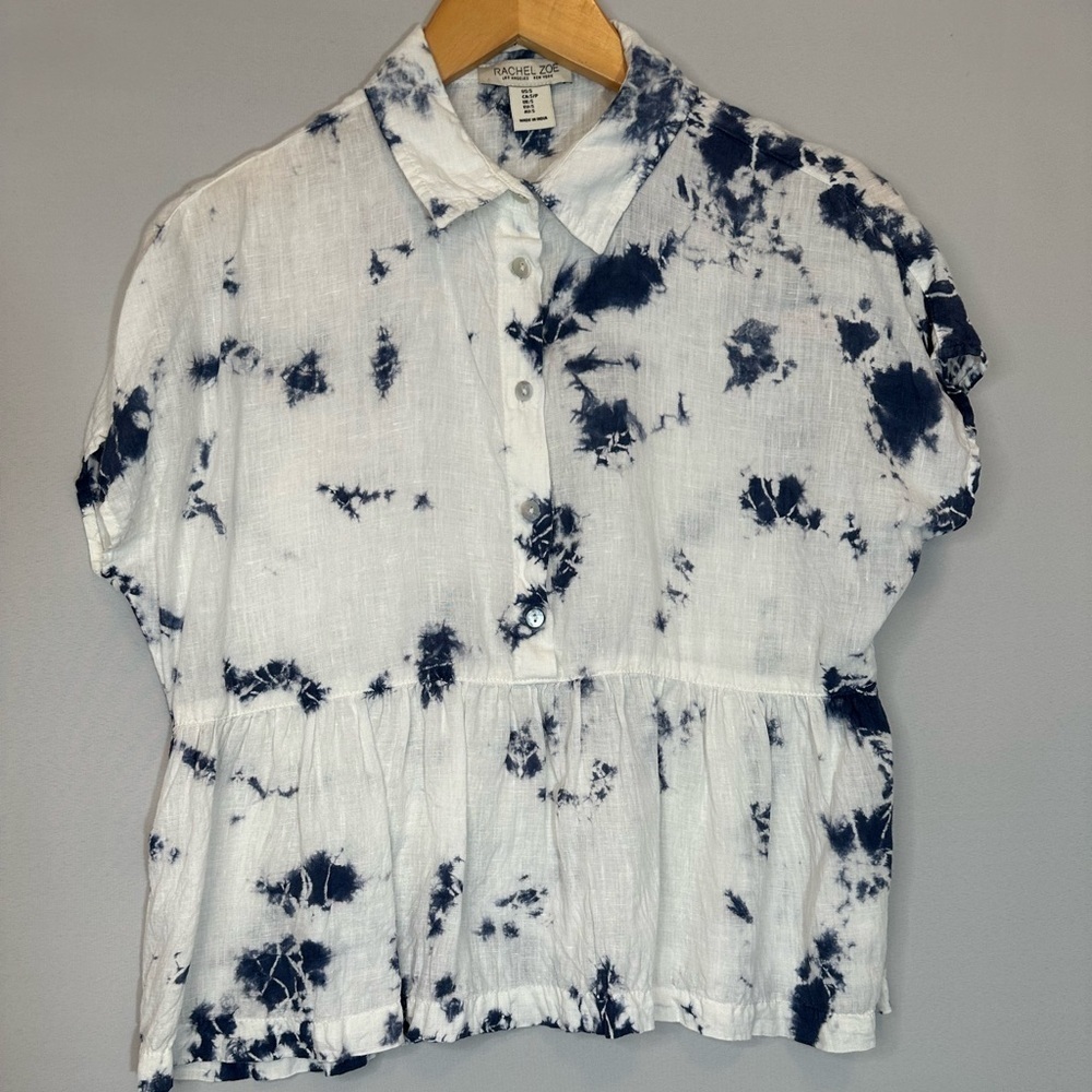 Rachel Zoe Womens Size S Tie Dye Blouse Top Ruffle Hem 100% Linen Cap Sleeves